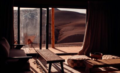 Elegant interior with desert view in Agafay, Morocco. Perfect blend of nature and luxury.